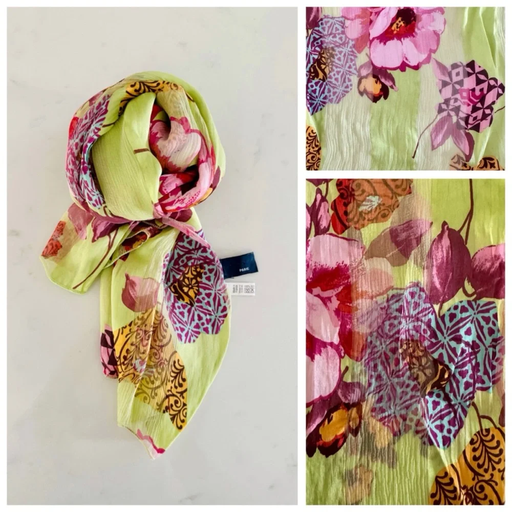 90s Vintage Marcrozier Paris Floral Print Silk Oblong Scarf Wrap, Green & Pink